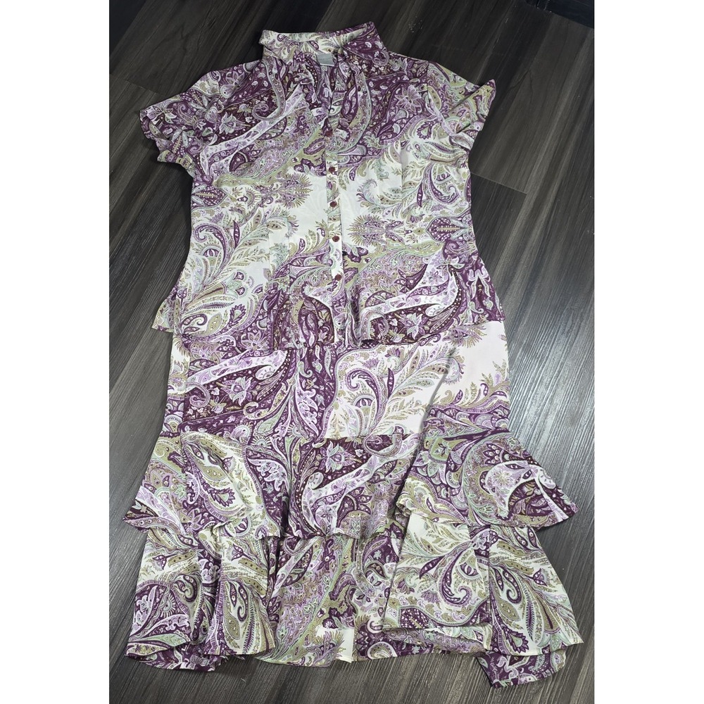 Emma James Woman 2pc Skirt Set 16W Purple Green Paisley Button Front Blouse...